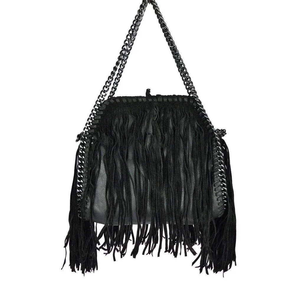 Steve Madden Fringe Chain Satchel Shoulder Bag Black Boho Festival Purse Rock - Picture 1 of 12